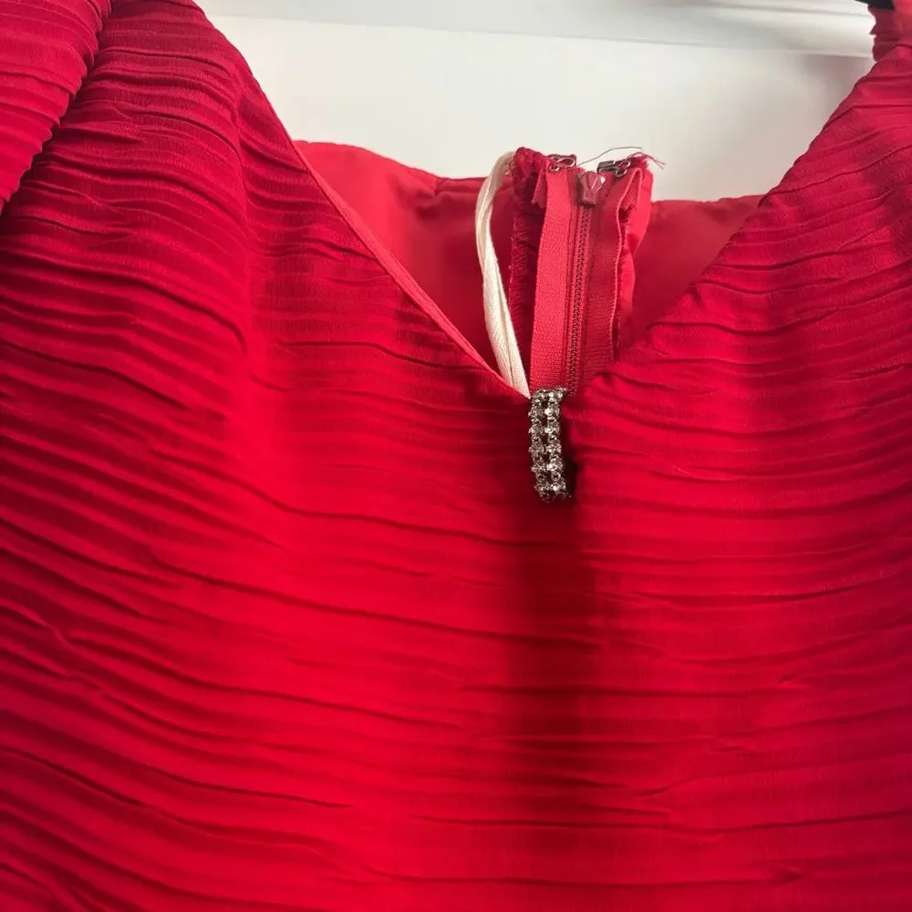 Vintage Bari Jay 80s 90s Red Crinkle Pleated Off Shoulder Prom Midi Dress 5/6